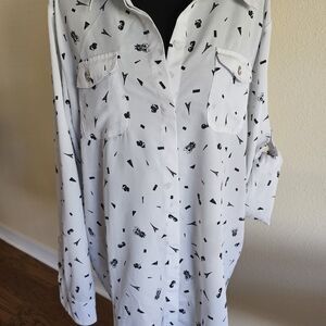 Karl Lagerfeld White Top Black Cat/Effel Tower Pattern Long Sleeve Or 3/4 Sz XL